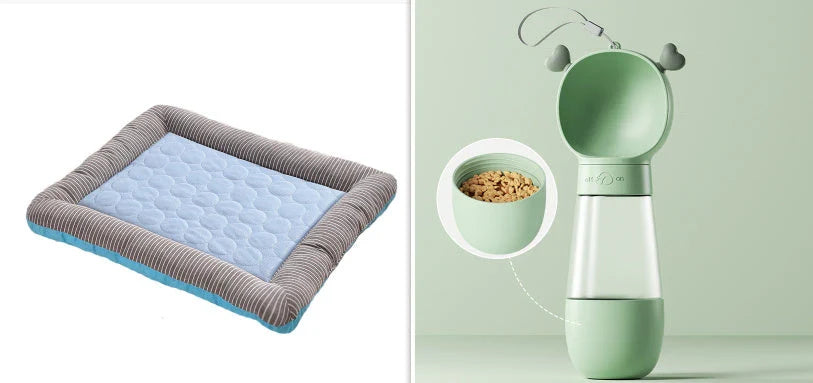A plush, breathable cooling pet bed in blue and red colors, designed to keep dogs and cats comfortable in the summer heat.
