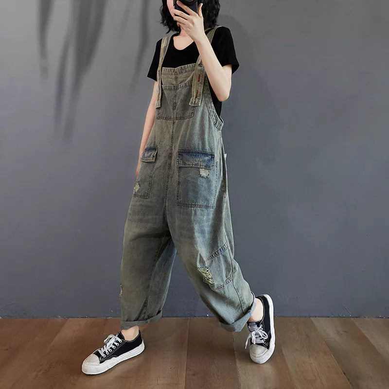 Women's light blue cotton retro ripped denim overalls with adjustable straps