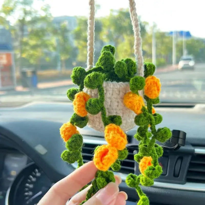 Green and white knitting wool car plant decoration with 8cm base and 25cm hanging rope