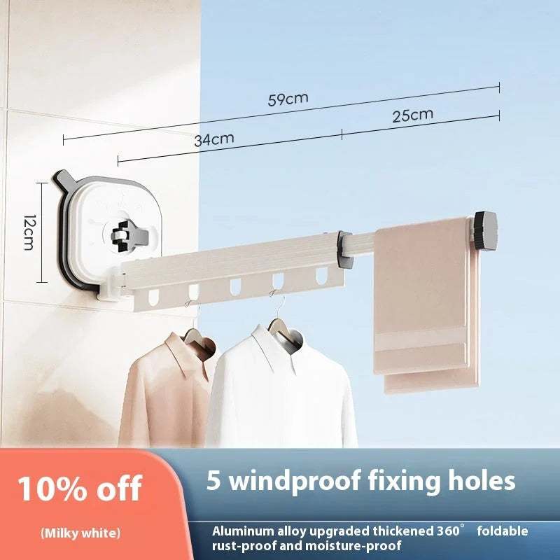 Aluminum retractable drying rack mounted on a window, extending outward for clothes drying