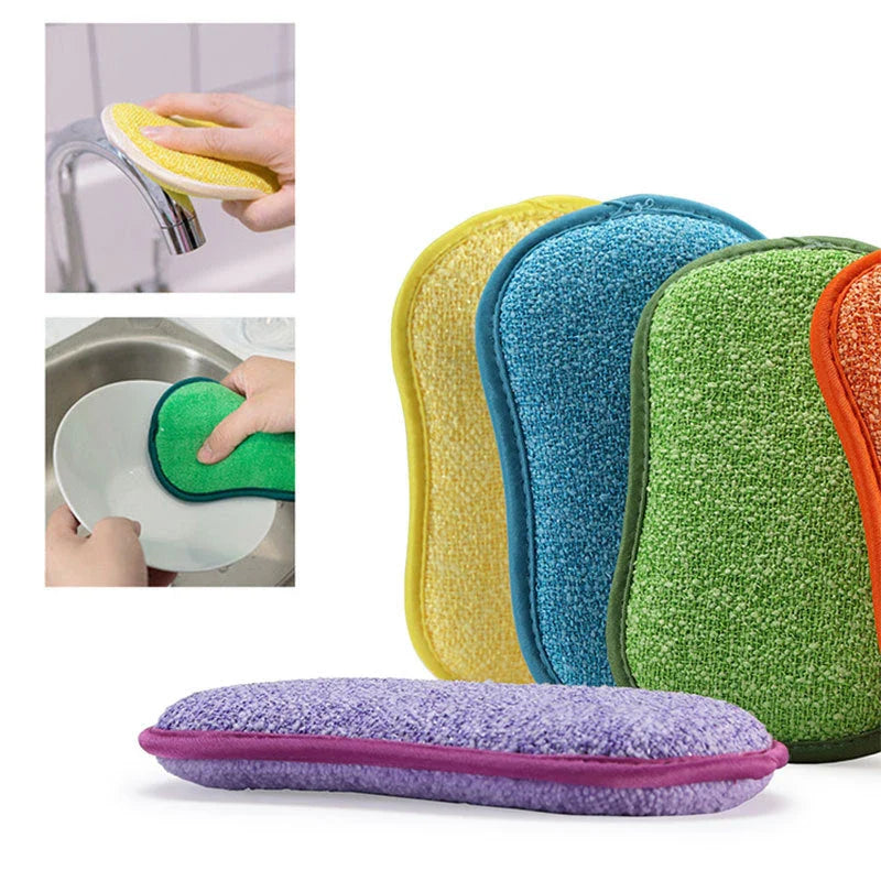 Heavy-duty double-sided kitchen scrub sponges with durable polyester and nylon construction for tough cleaning on pots, pans, and surfaces