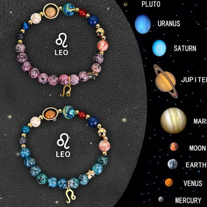 Twelve Zodiac Sign Beaded Bracelet Set with natural stone beads and adjustable 18-22cm length on a wrist