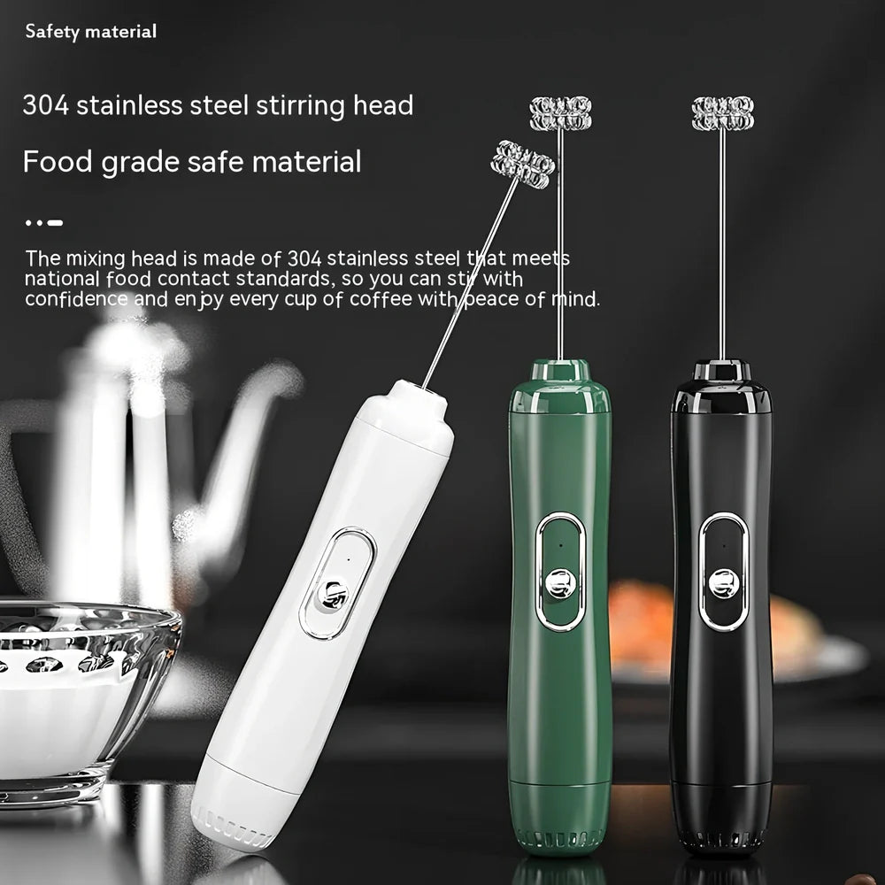 Battery-powered handheld milk frother in retro green, black, or white with stainless steel whisk