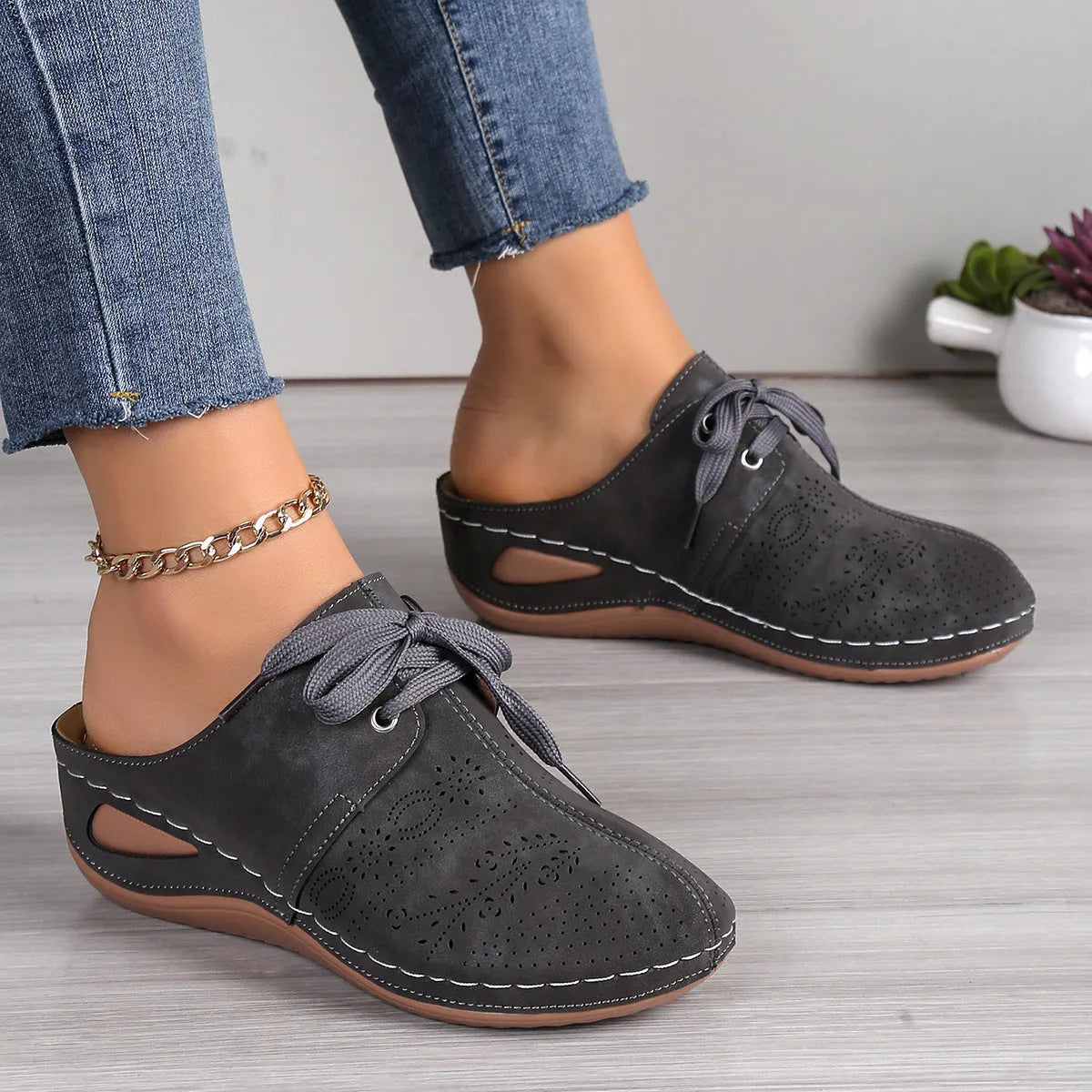 Women's baotou lace-up slippers with hollow out wedges in suede upper and rubber sole, available in multiple colours