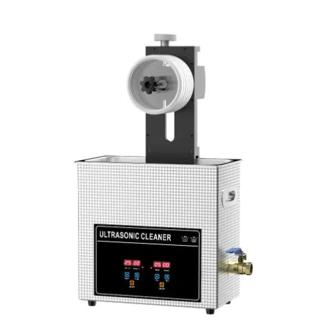 Ultrasonic cleaning machine with digital display, tank, and a single-slot bracket for holding discs or PCBs.