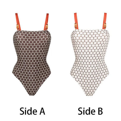 Women's one-piece swimsuit with wrap skirt in dots pattern design