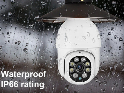 White wireless WIFI security camera with pan-tilt base showing 1080P HD resolution and 0.1 lux low-light capability