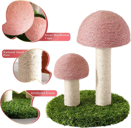 Pink mushroom-shaped cat scratching post with natural sisal texture for small cats.