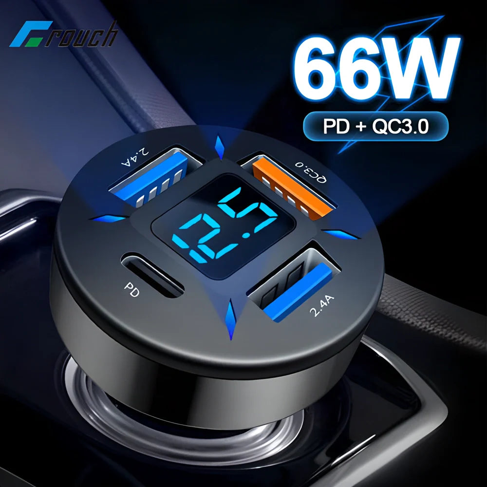 High-Speed 66W USB Car Charger with PD and QC 3.0 Charging for Fast Charging on the Go