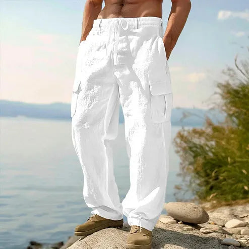 Men's thin cotton wide-leg casual trousers in light army green colour, showing loose fit and mid-waist design