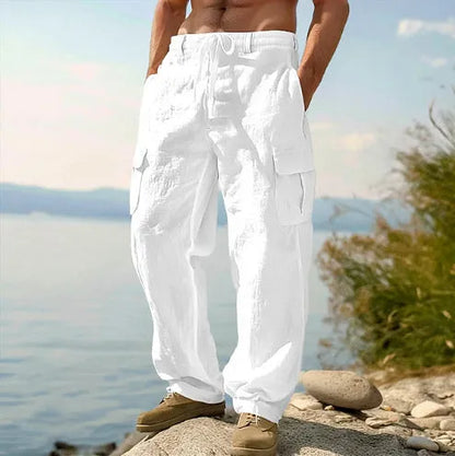 Men's thin cotton wide-leg casual trousers in light army green colour, showing loose fit and mid-waist design