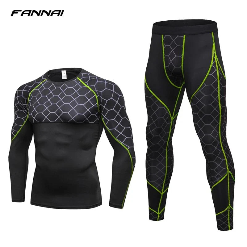 Men's compression athletic wear set with grid pattern, including long-sleeve top and fitted pants in various colors
