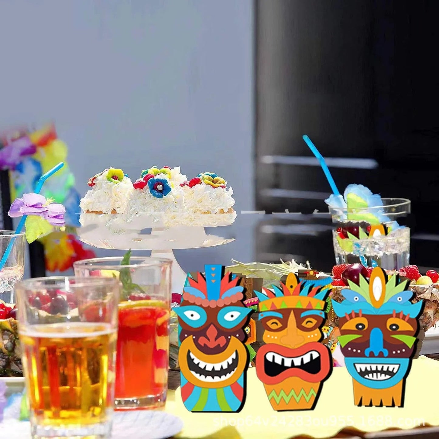 Tropical Hawaiian wood sign with vibrant figure idol design for summer parties