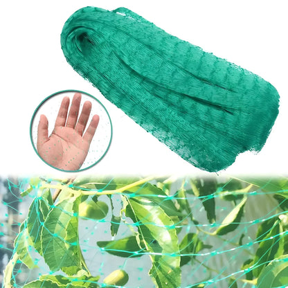 Green plastic garden bird net draped over plants showing mesh pattern and size options