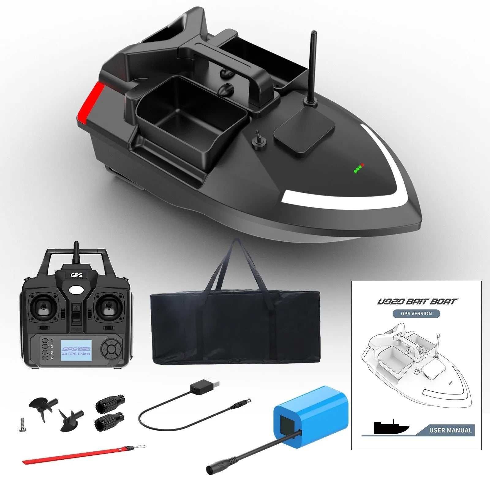 GPS remote control fishing boat with LED lights, measuring 49cm long, for bait placement and night fishing