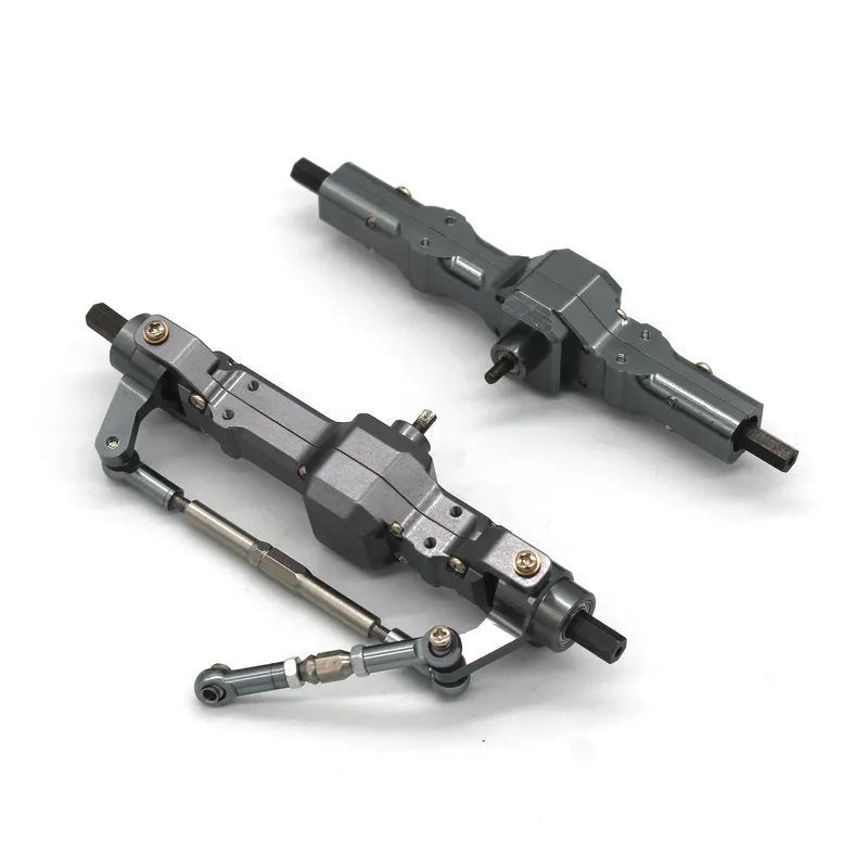 Alloy military-style remote control car accessories including grey front bar, beam, axles, and black tyres