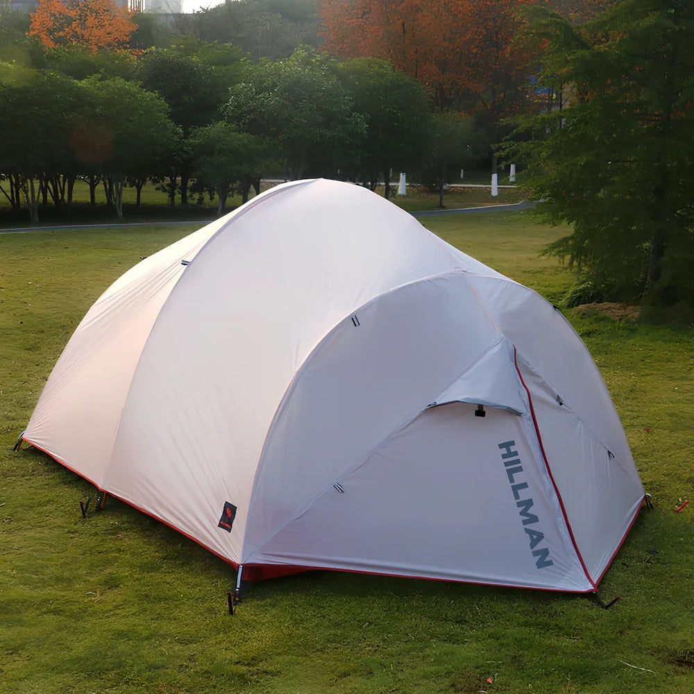Grey outdoor camping tent with aluminium poles and waterproof fabric for multiple occupants
