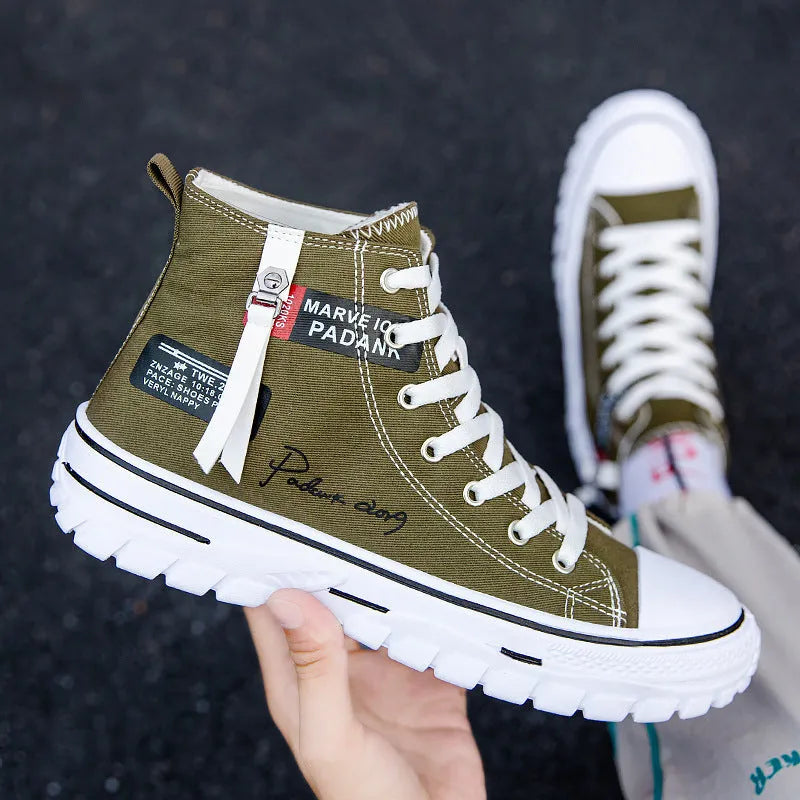 Men's high top canvas casual shoes with letter pattern, front lace-up, round toe, white green black, sizes 39-44