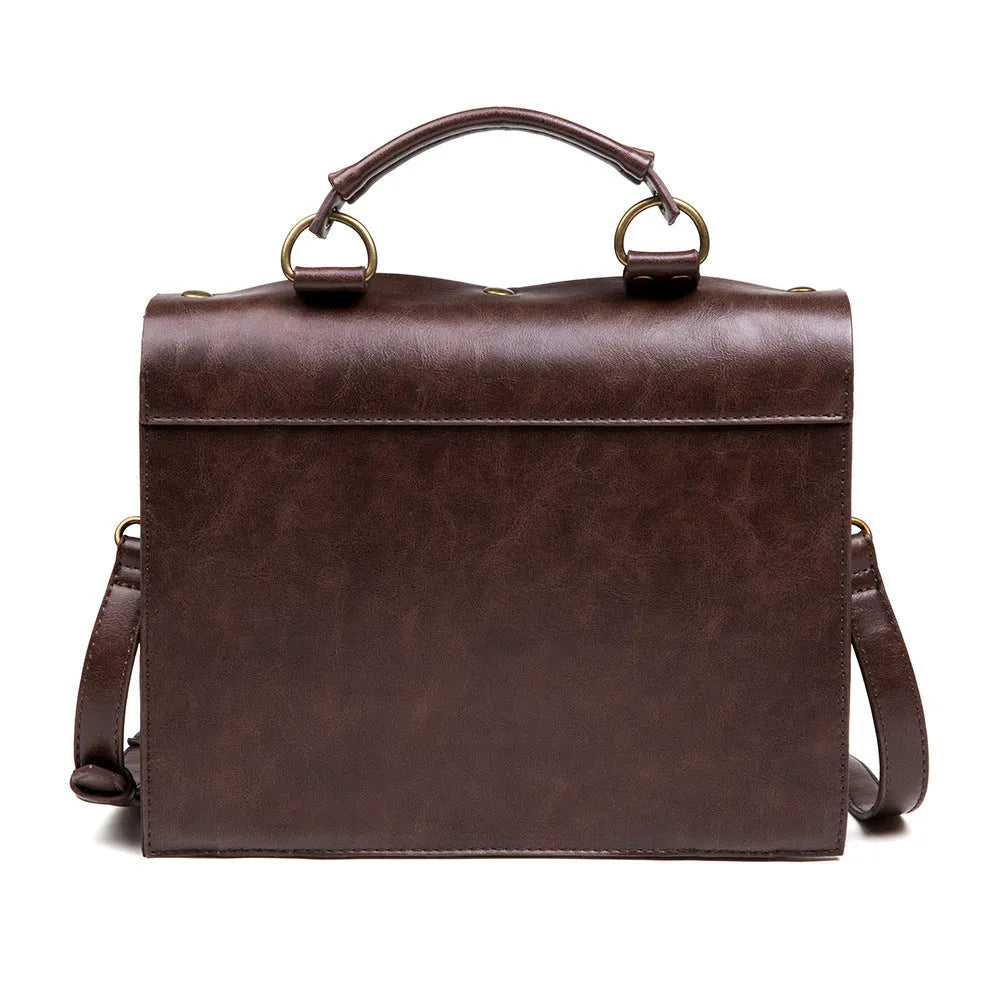 Bronze steampunk industrial retro style PU leather shoulder bag with metal details and a square pillow shape.