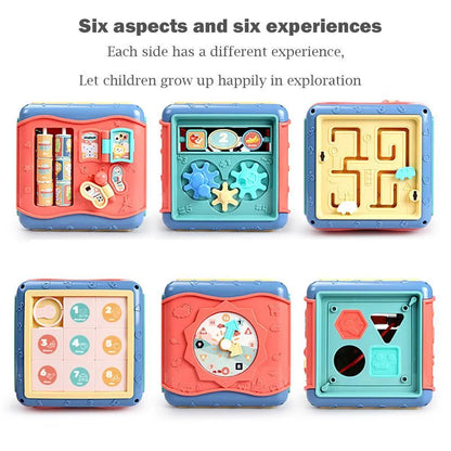 Colourful baby educational hexahedron toy cube with bead maze, gears, car track, clock, butterfly, and number tray.