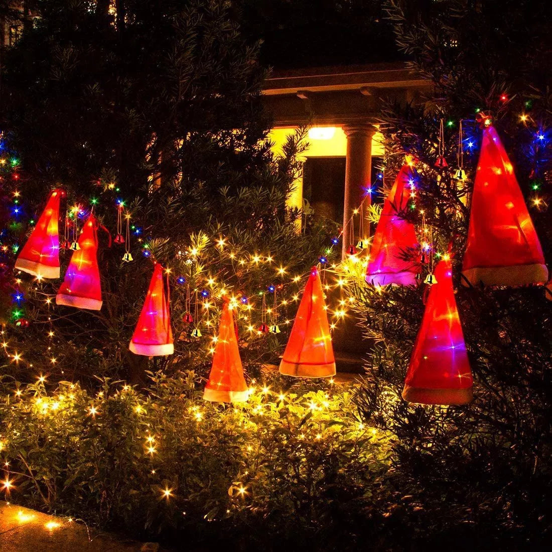 LED lighted Christmas witch hats with bells for festive holiday decoration