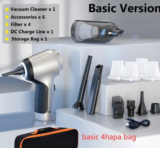 Brushless handheld and vertical car vacuum cleaner with 12000Pa suction, shown with optional EVA storage bag.