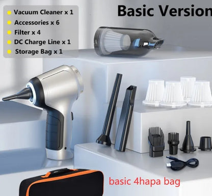 Brushless handheld and vertical car vacuum cleaner with 12000Pa suction, shown with optional EVA storage bag.