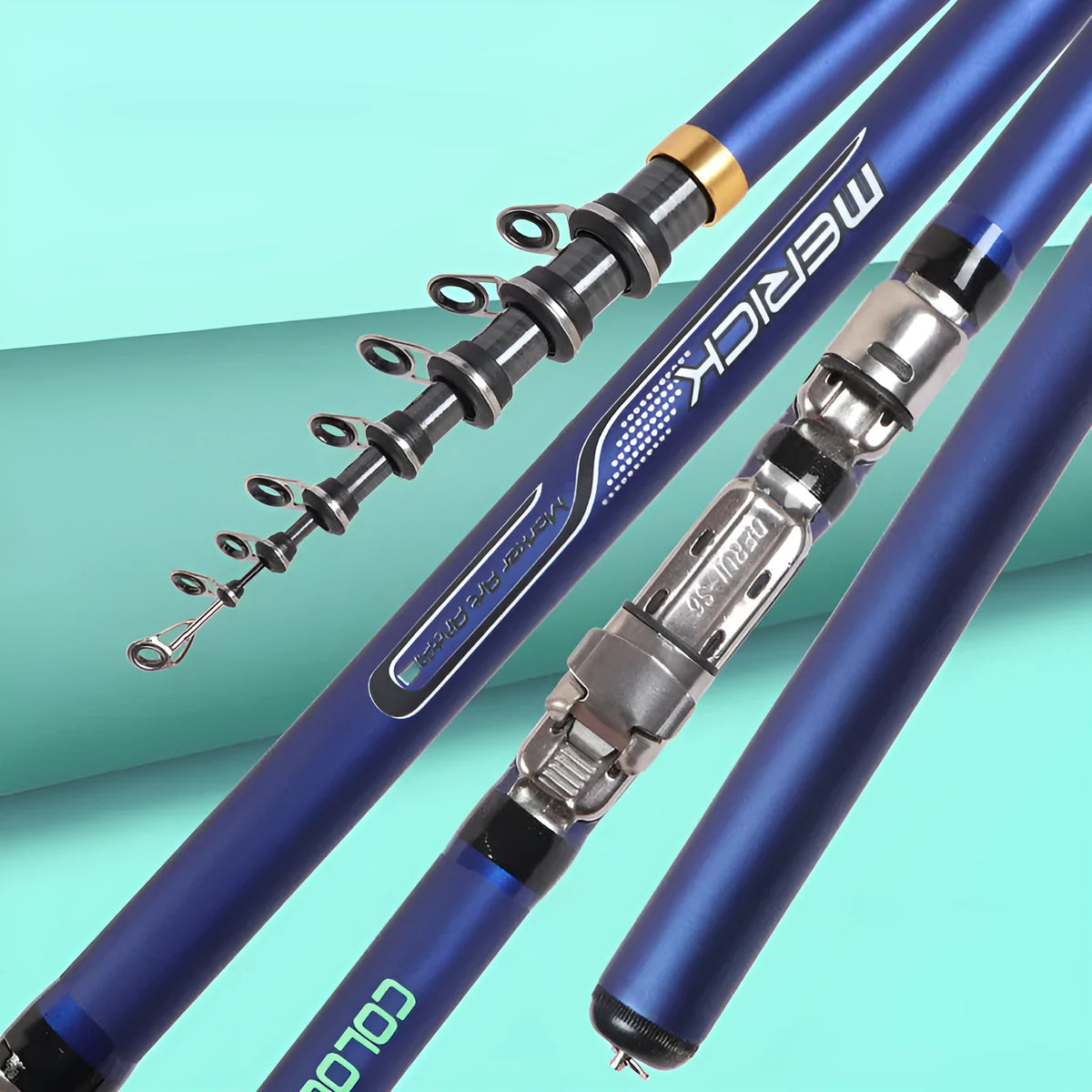 Blue carbon telescopic rock fishing rod for sea fishing, available in 3.6m, 4.5m, 5.4m, and 6.3m lengths