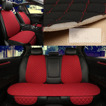 Flax linen car seat cover protector in beige, black, red and brown, with cushion and five-seat style options.