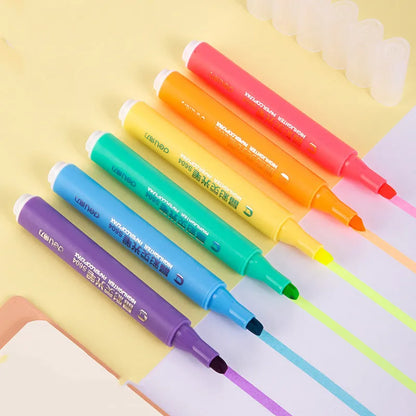 Deli S605 oblique nib highlighter pen set in macaron pastel colours with solid and transparent penholders