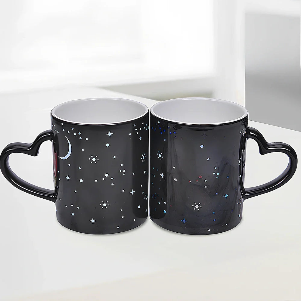 Ceramic colour change mug showing before and after transformation with hot liquid