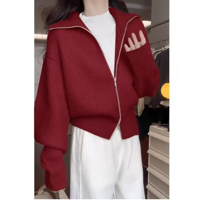 Hong Kong style double zipper knitted cardigan in loose fit with regular sleeves and three-dimensional decoration