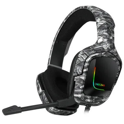 K20 RGB luminous wired gaming headset with cloth earmuffs and braided cable in black, grey, or white.