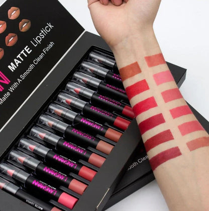 Matte velvet lipstick set with 12 vibrant, long-lasting shades in sleek, travel-friendly packaging