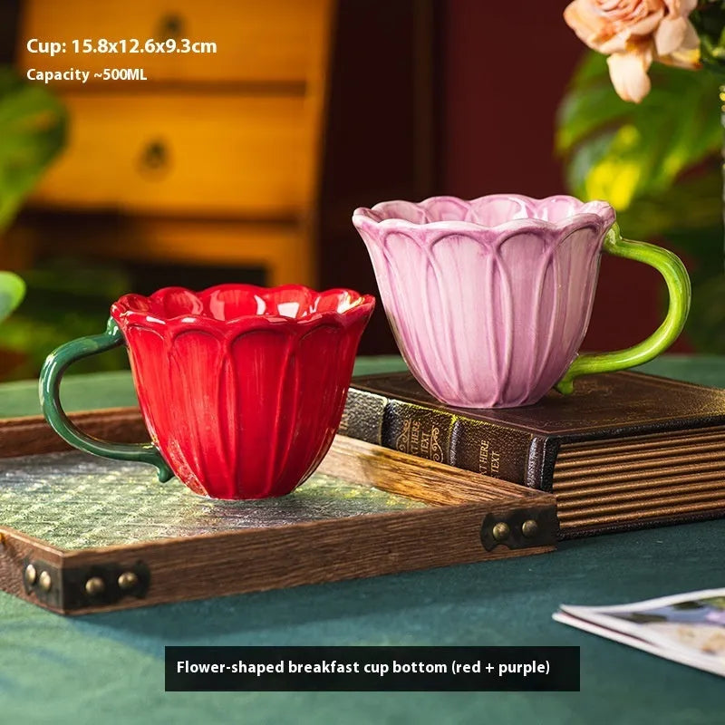 Ceramic breakfast cup with floral pastoral design holding 500ml capacity for tea or coffee