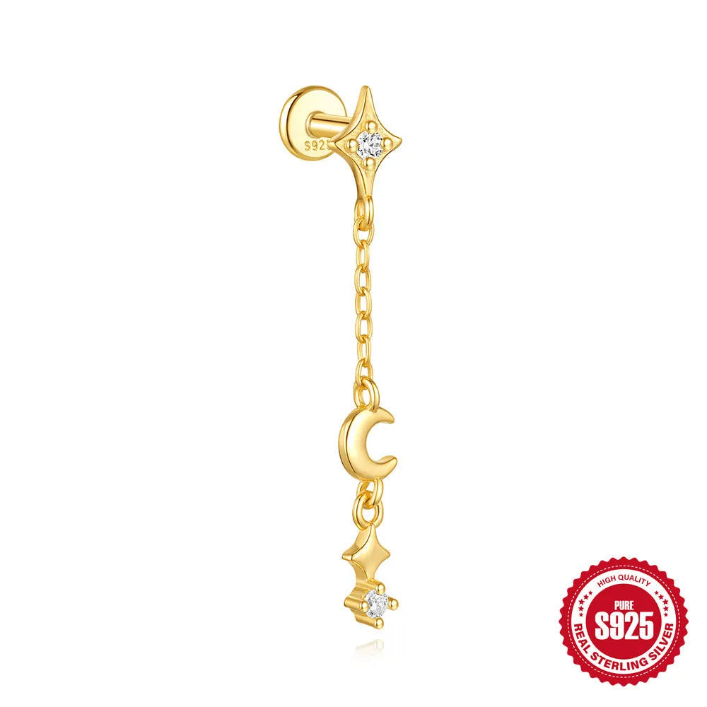 S925 sterling silver moon and star earrings with embedded diamond accents on a geometric design