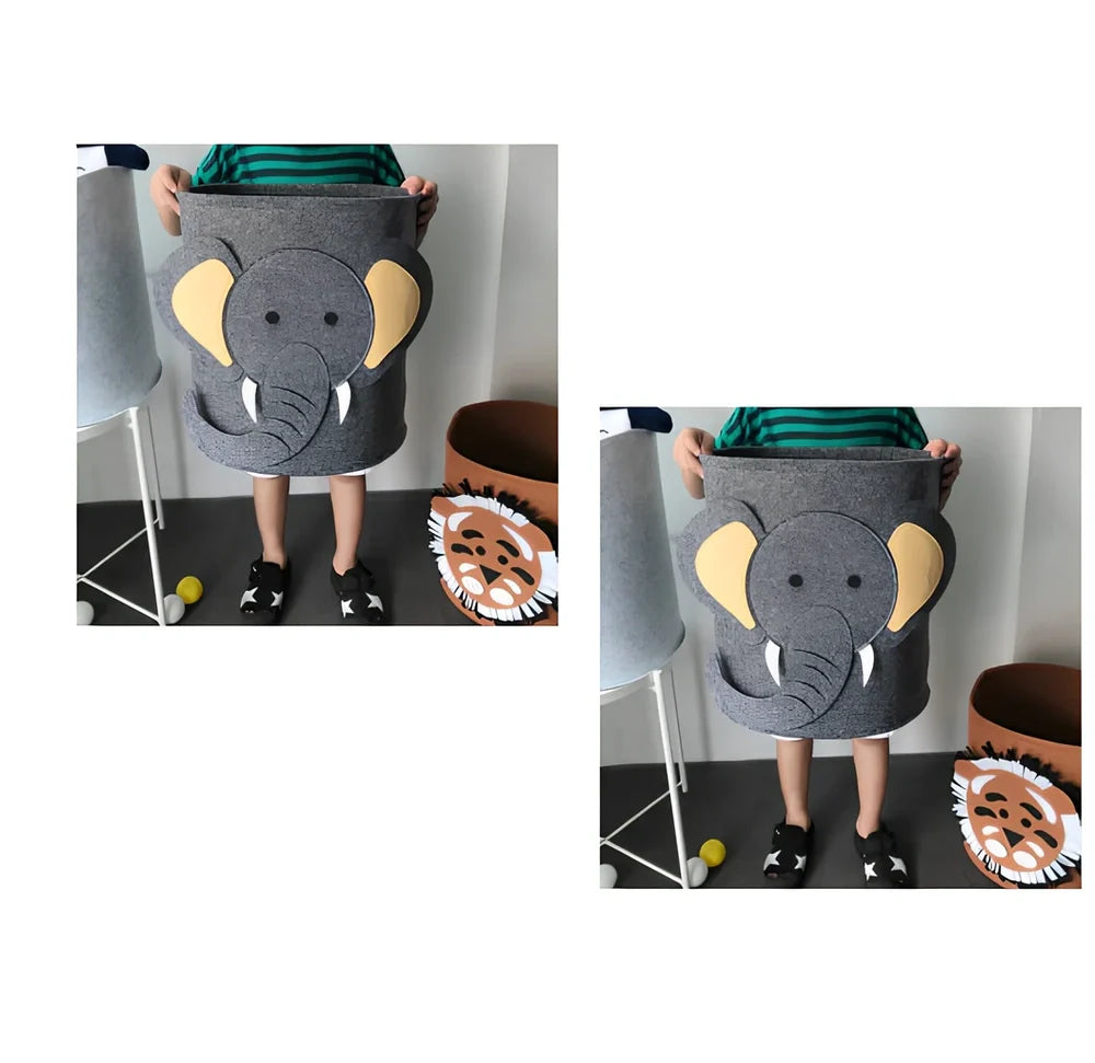 Cartoon animal felt storage basket in elephant design showing 35cm diameter and 37cm height dimensions