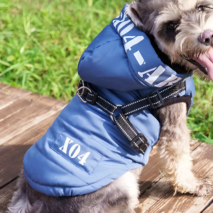 Red fleece-lined waterproof dog winter jacket with hood shown on medium-sized dog