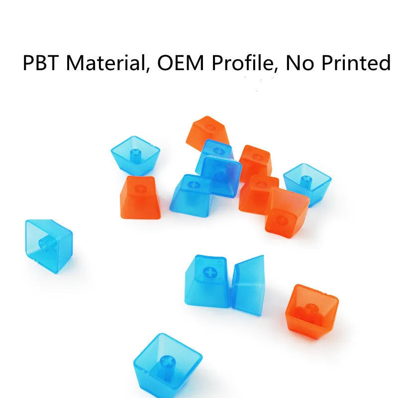 Set of 104 transparent blank PBT keycaps for mechanical keyboards in orange, white, blue, and black colours.