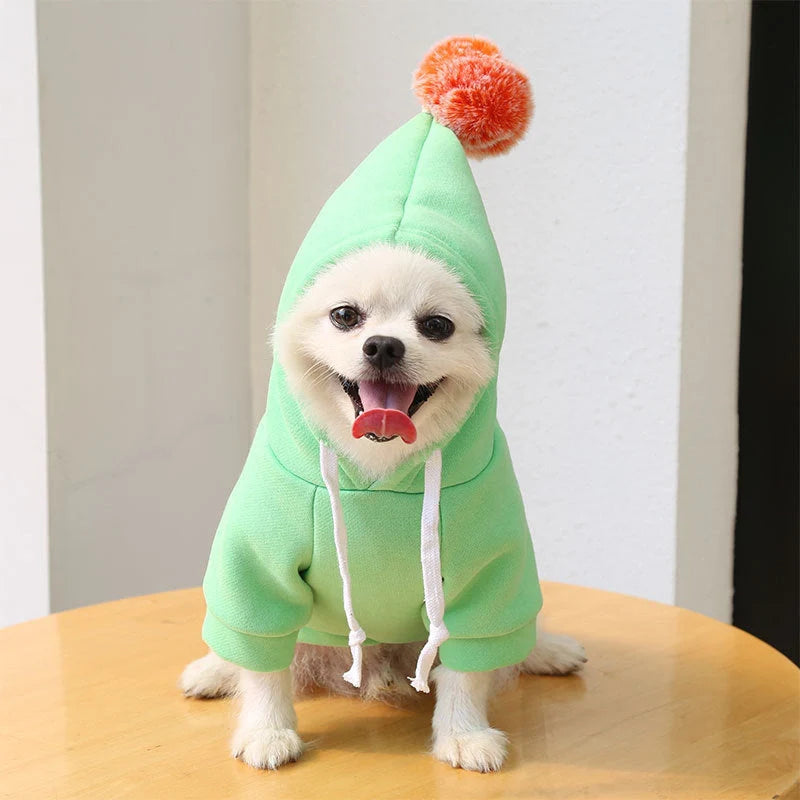 Two-legged hooded fleece dog outfits in various colors for autumn and winter wear