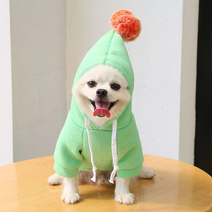 Two-legged hooded fleece dog outfits in various colors for autumn and winter wear