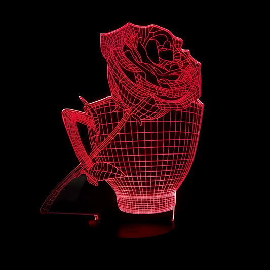 3D rose-shaped night light showing multiple colour options with remote control and USB cable