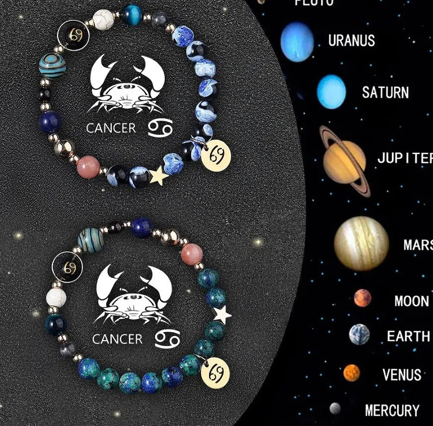 Twelve Zodiac Sign beaded bracelet set with natural stone beads and adjustable closure on wrist