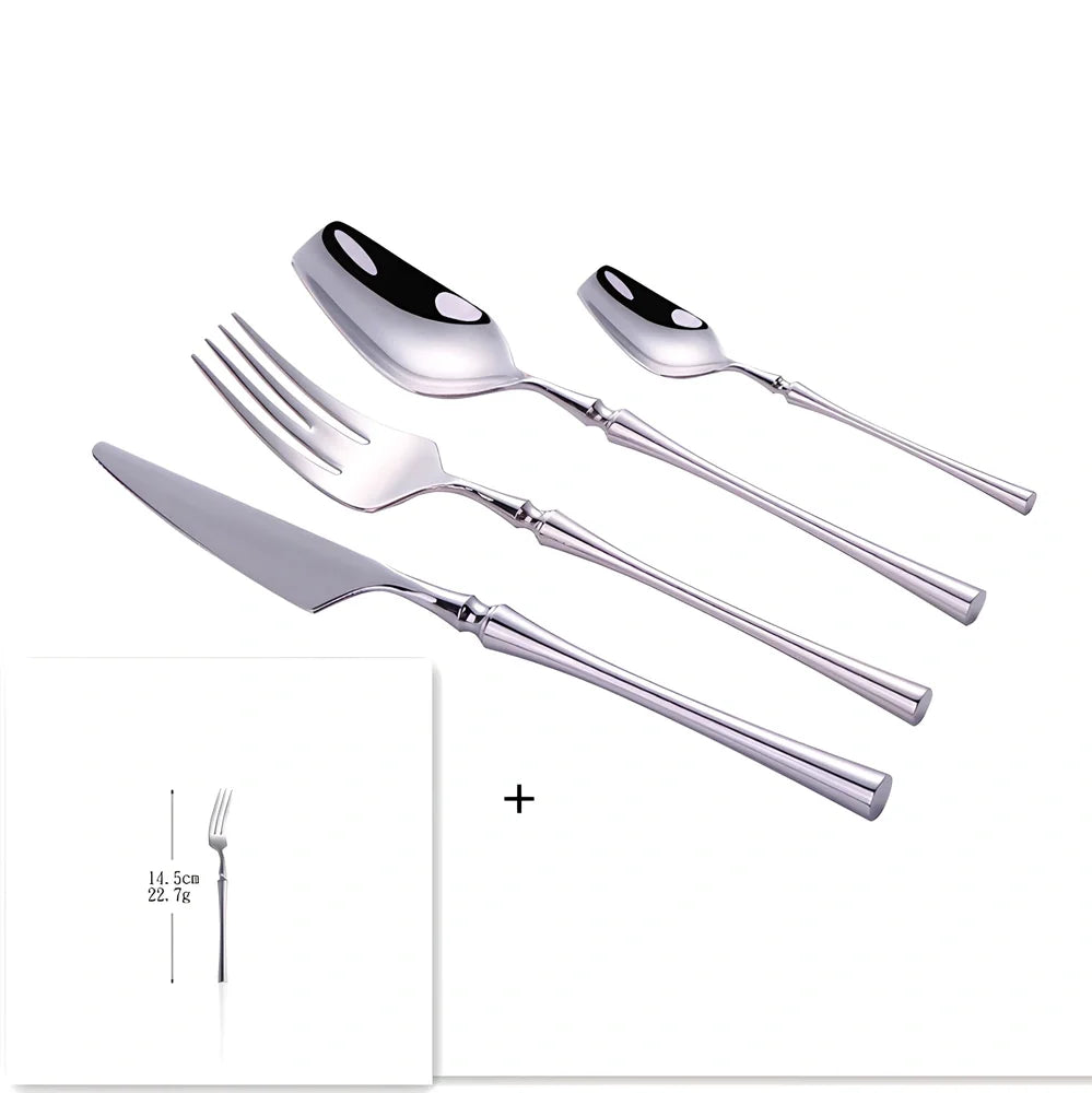 Four-piece stainless steel cutlery set showing main knife, fork, spoon, and teaspoon with mirror finish