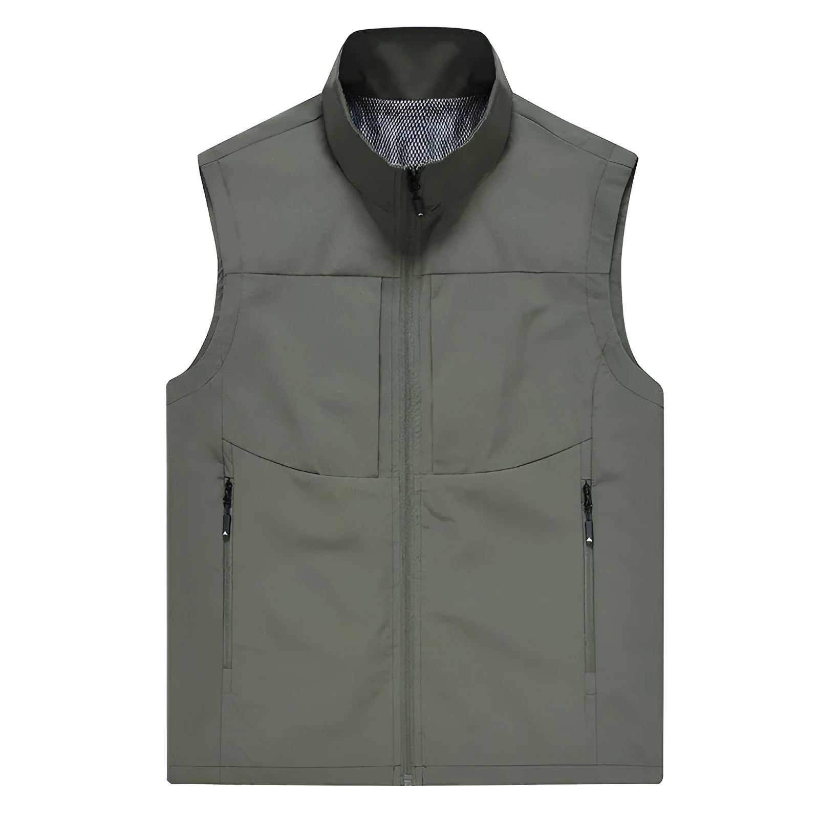 Men's loose fit casual cardigan vest in army green with stand collar and zippered pockets