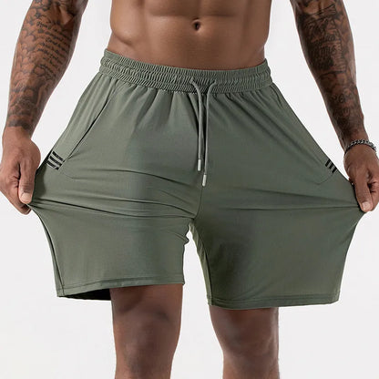 Men's black ice silk quick-drying sports shorts with drawstring waist on a mannequin.