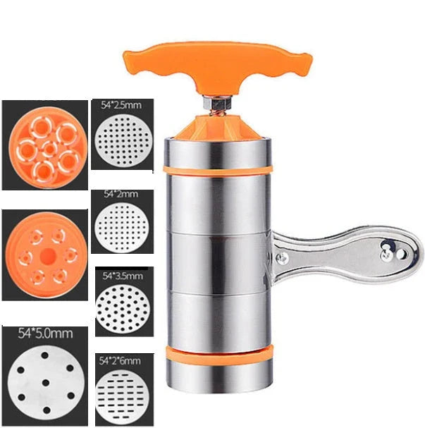 Stainless steel pasta maker with interchangeable noodle molds for creating homemade pasta in various shapes and sizes
