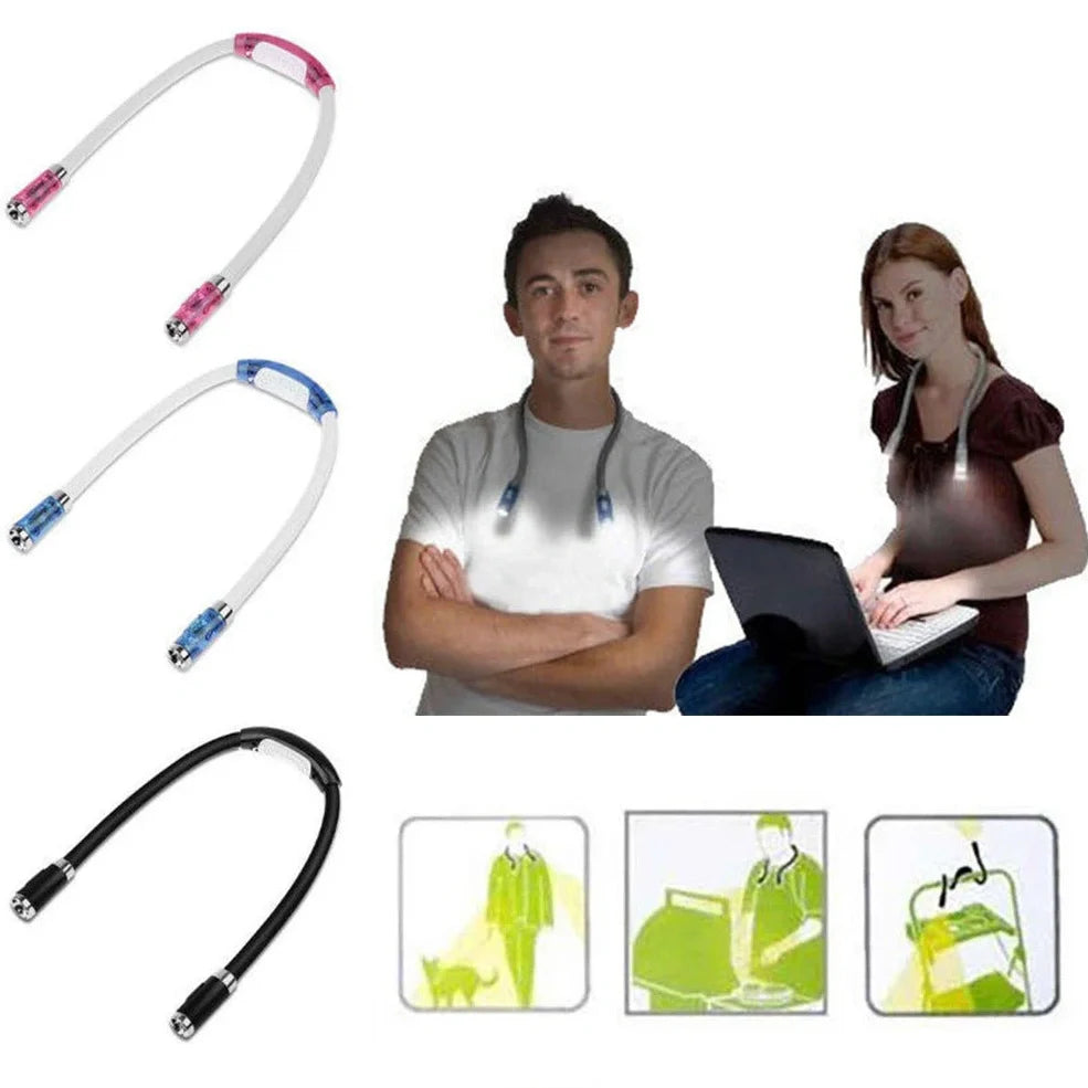 Flexible neck book light with U-shaped design showing adjustable LED reading lamp in use