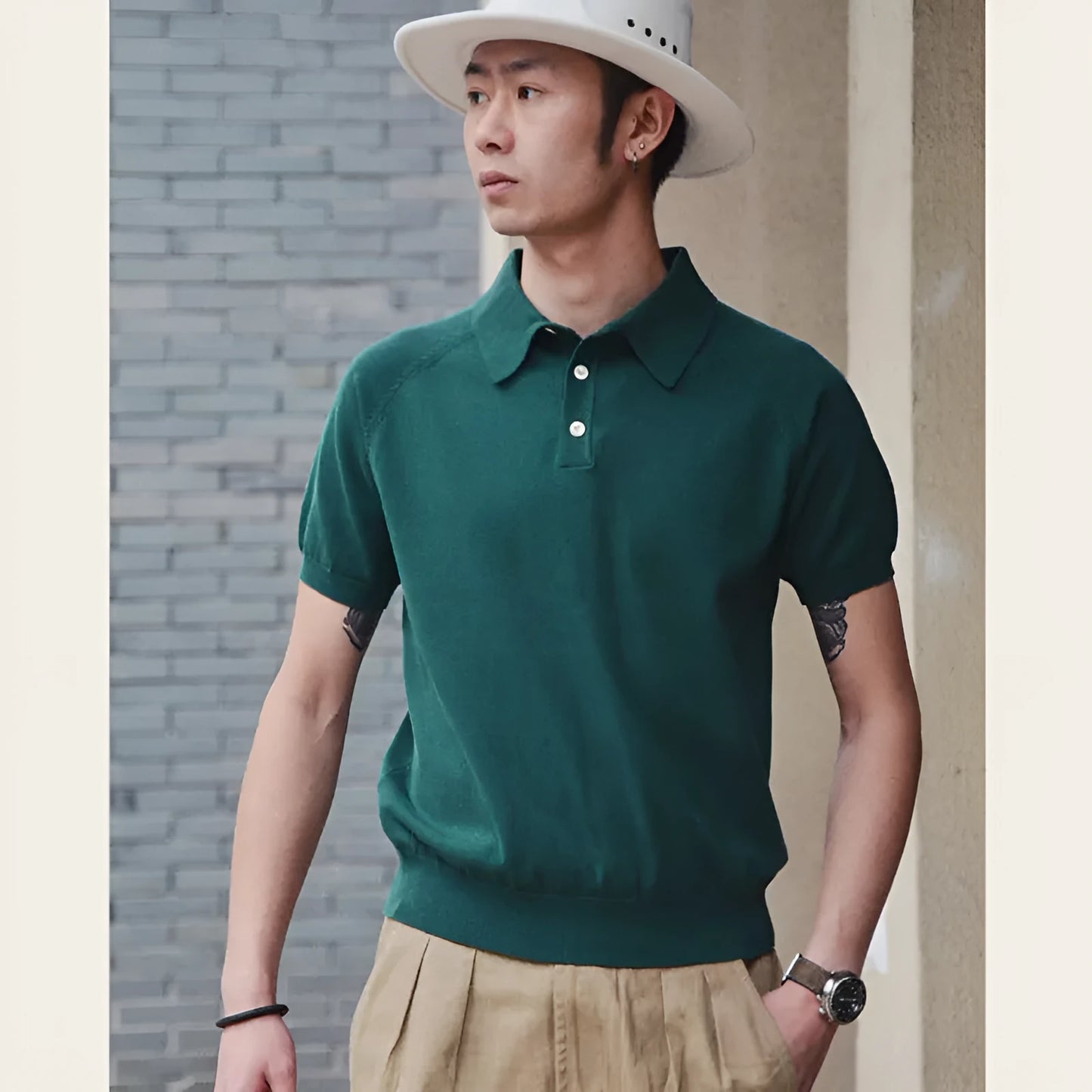 Retro knitted cotton short-sleeved t-shirt in slim fit showing multiple colour options
