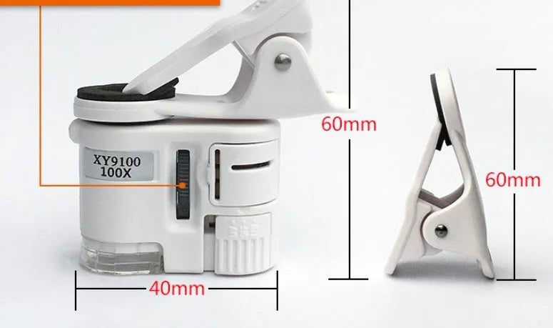 60X mobile phone microscope camera clip with LED light, ABS metal acrylic lens, 40x33x20mm, universal smartphone macro lens